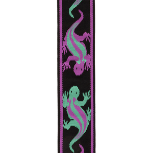 The Planet Waves Auto Lock Guitar Strap features green and purple lizards on a black background with purple borders, combining unique style and secure locking for your guitar.
