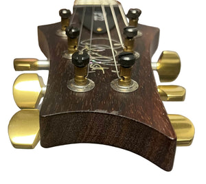 Close-up of a PRS P22 Artisan Piezo Green Fade 2013 Brazilian Rosewood headstock, featuring gold tuning pegs and black knobs against a white background. This PRS guitar blends classic design with modern piezo versatility.