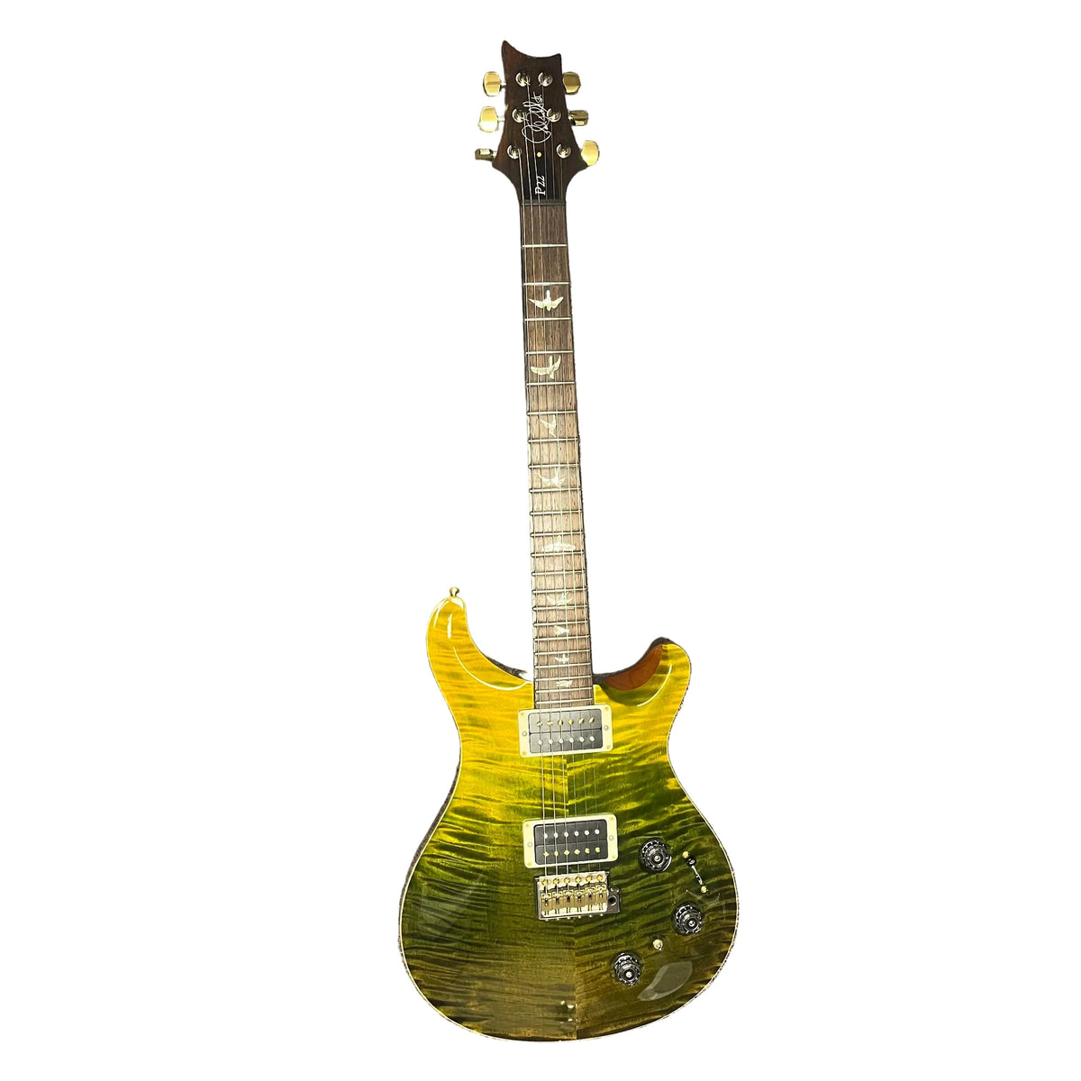 PRS P22 Artisan Piezo Green Fade 2013 electric guitar by PRS, featuring Brazilian rosewood, two humbuckers, three control knobs, bird fret inlays; includes case. Photographed on a white background.