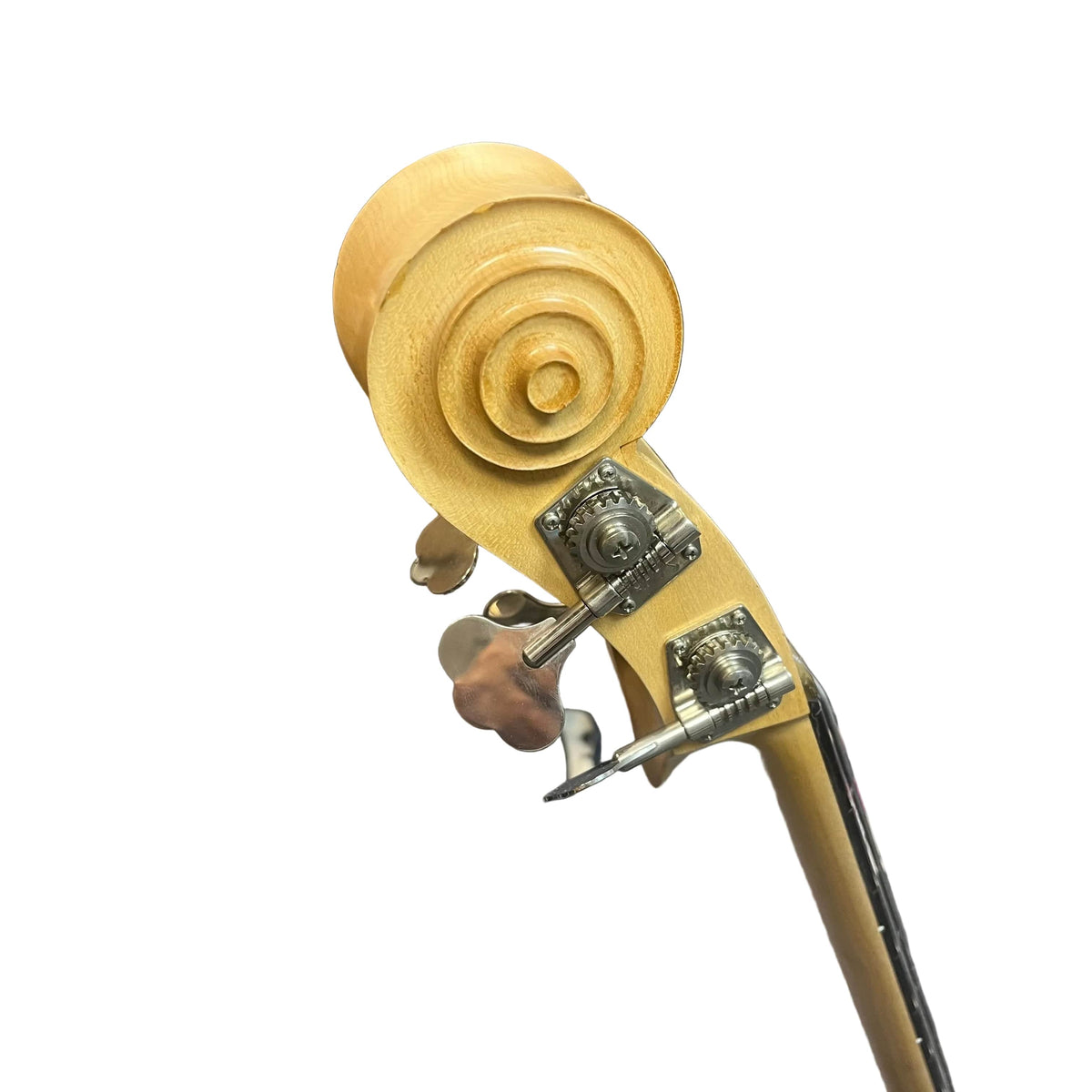 The scroll and tuning pegs of a Rare Ampeg AEB-2 Scroll Top Bass Serial #13, a prototype-era Bruce Johnson build, photographed against a white background.