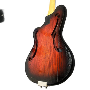 A rare Ampeg AEB-2 Scroll Top Bass Serial #13 Prototype-Era Bruce Johnson Build viewed from the back, displaying a sunburst finish and two f-shaped sound holes—a true collectible for bass enthusiasts.