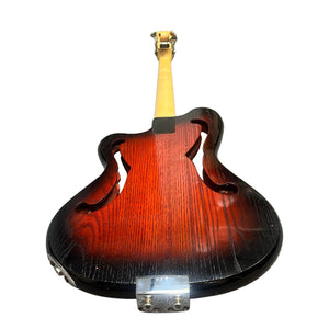A hollow-body electric bass guitar displayed from the back, featuring a sunburst wood finish and curved f-holes—this is the rare Ampeg AEB-2 Scroll Top Bass, Serial #13, a collectible prototype-era Bruce Johnson build.