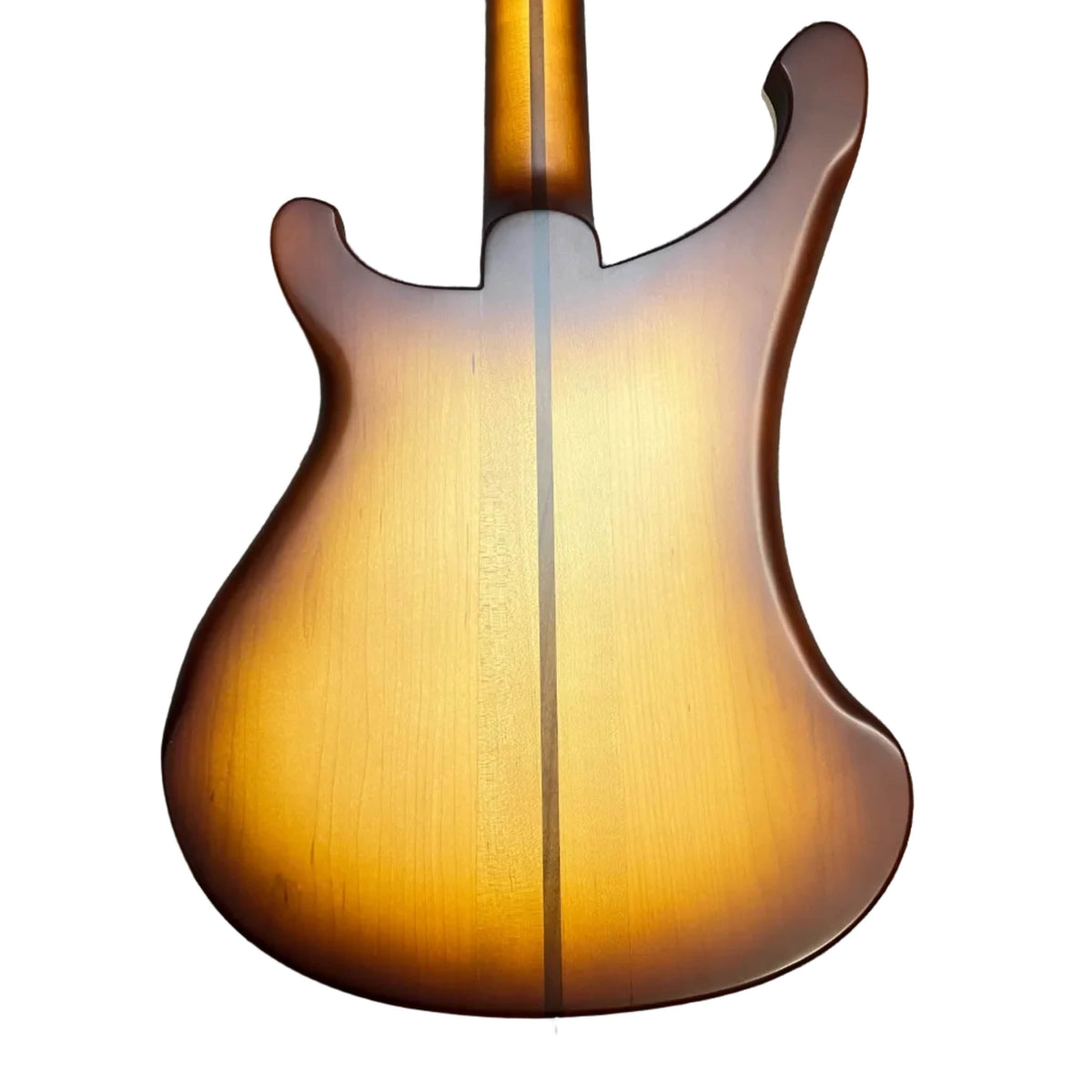 Back view of a Rickenbacker 4003 Bass 2022 in Autumnglo with checkerboard binding and visible center seam, collector-owned, displayed against a white background.