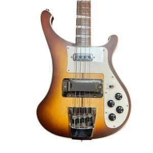 A Rickenbacker 4003 Bass 2022 in Autumnglo with checkerboard binding, white pickguard, metal bridge, and four control knobs is shown against a white background.