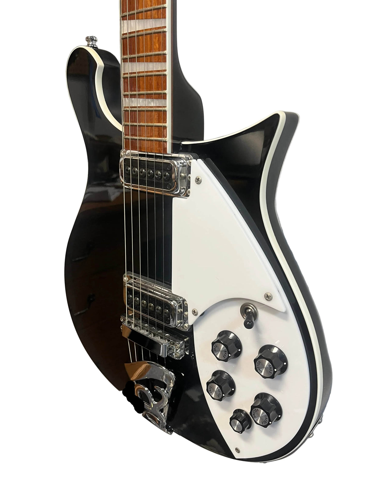 Close-up of a near-mint Rickenbacker 620 in Jetglo finish, highlighting the body, pickups, control knobs, and neck. Includes original case.