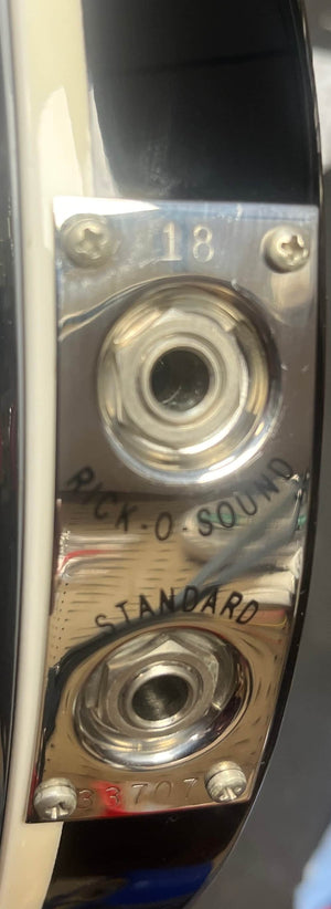 Close-up of the Rickenbacker 620 – Jetglo output jack plate (labeled "RICK-O-SOUND" and "STANDARD") with visible controls—an essential detail for collectors seeking this near mint Rickenbacker with original case.