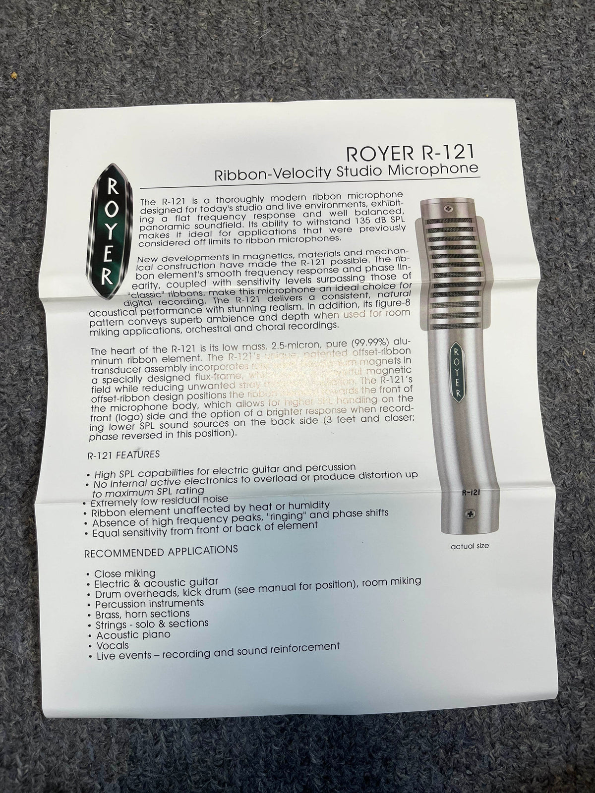 Product sheet for the Royer Labs R-121 Ribbon Microphone (pre-owned, excellent condition) by Royer Labs, with a photo plus info on features, specs, and ideal studio recording applications.