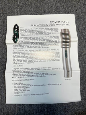 Product sheet for the Royer Labs R-121 Ribbon Microphone (pre-owned, excellent condition) by Royer Labs, with a photo plus info on features, specs, and ideal studio recording applications.
