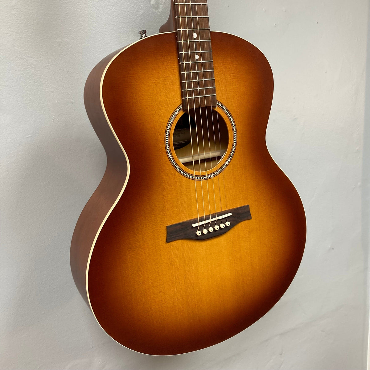 Seagull Entourage Mini Jumbo Rustic Burst MJ guitar on a wall, showcasing its wood grain and cream binding.