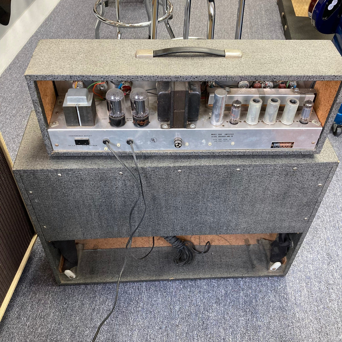 Silvertone Model 1484 Twin Twelve 60-Watt 2x12 Guitar Amp with vintage tubes and wires, showcasing a retro design and built-in tremolo effect.