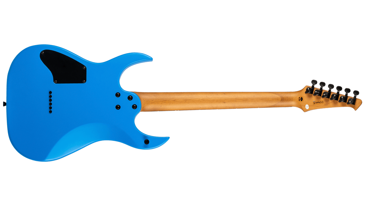 Spira S-400 MBL Electric Guitar, featuring a double-cutaway blue body, bolt-on maple neck, six metal ferrules for strings, and rear electronics cavity cover.