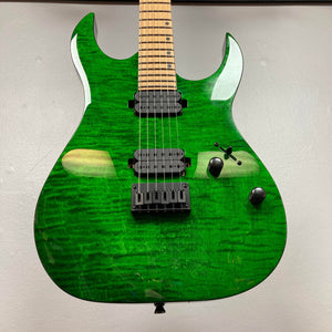 The Spira S-450 Trans Green TGR by Spira features a figured maple top, custom humbuckers, fixed bridge, three black control knobs, and roasted maple neck—an ideal electric guitar for rock and metal, shown on a light backdrop.