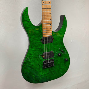 The Spira S-450 Trans Green TGR, a modern green electric rock and metal guitar by Spira with a roasted maple neck and black custom humbuckers, is mounted on a white wall. Its contoured body has two control knobs near the bridge.