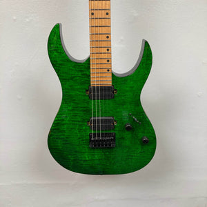 The Spira S-450 Trans Green TGR electric guitar by Spira features a roasted maple neck, black hardware, custom humbuckers, bridge, two control knobs, and a selector switch, shown on a plain white background.