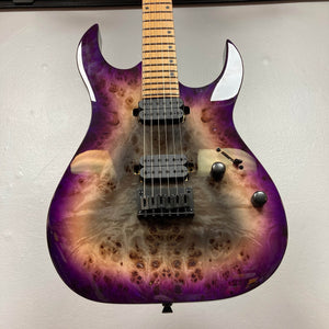 A close-up of the Spira S-450 Trans Purple TPP electric guitar by Spira, featuring a natural wood grain finish, Villain humbuckers, three control knobs, and a sleek 6-string maple neck with a modern D profile.