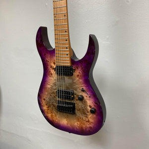 Spira S-457 TPP Trans Purple Burst Electric Guitar, featuring a flamed maple top, seven-string setup, dual humbuckers, and a sleek, modern body design.
