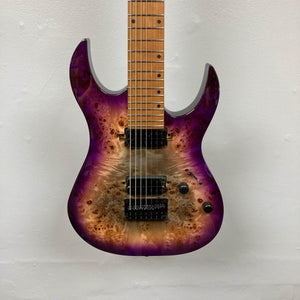 Spira S-457 TPP Trans Purple Burst Electric Guitar showcasing a seven-string design, flamed maple top, and custom humbuckers, emphasizing playability and striking aesthetics.