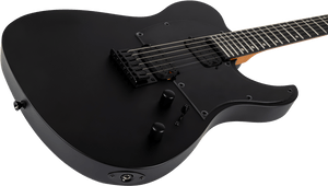 Spira T-400 MBK Electric Guitar - Black, showcasing matte finish, dual humbuckers, hardtail bridge, and ebony fretboard with dot inlays for versatile performance.