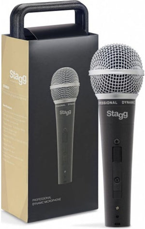 Stagg SDM50 Professional Dynamic Microphone in box, ideal for vocals and instruments, featuring a cardioid polar pattern and wide frequency response.