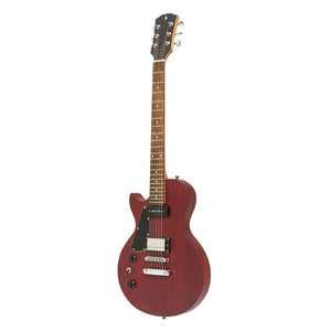 Stagg SEL-HB90 Cherry Left-Handed Electric Guitar with P90 and humbucker pickups, rosewood fingerboard, and mahogany body.