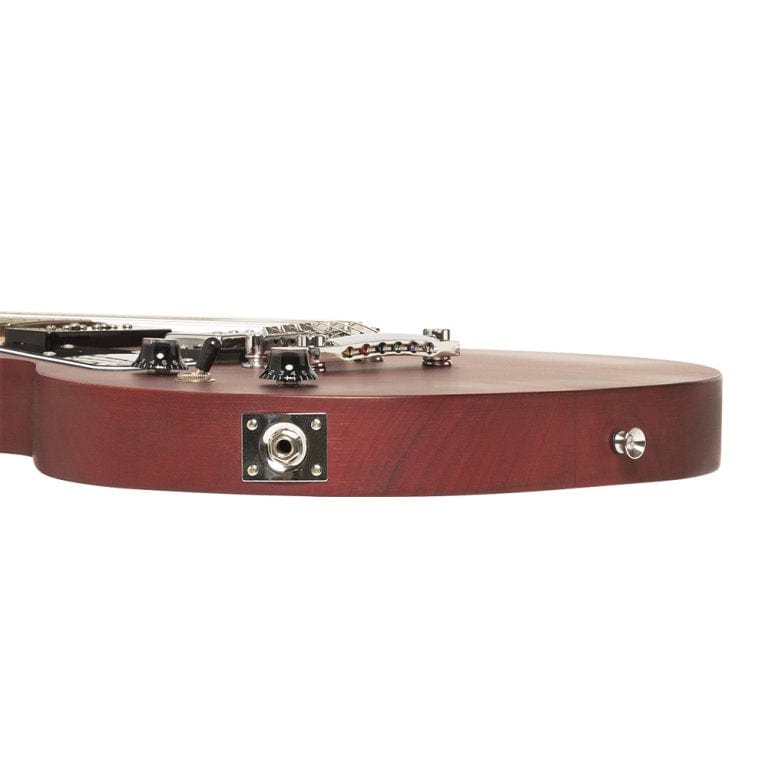 Stagg SEL-HB90 Cherry Left-Handed L Style Electric Guitar, close-up of body and strings.