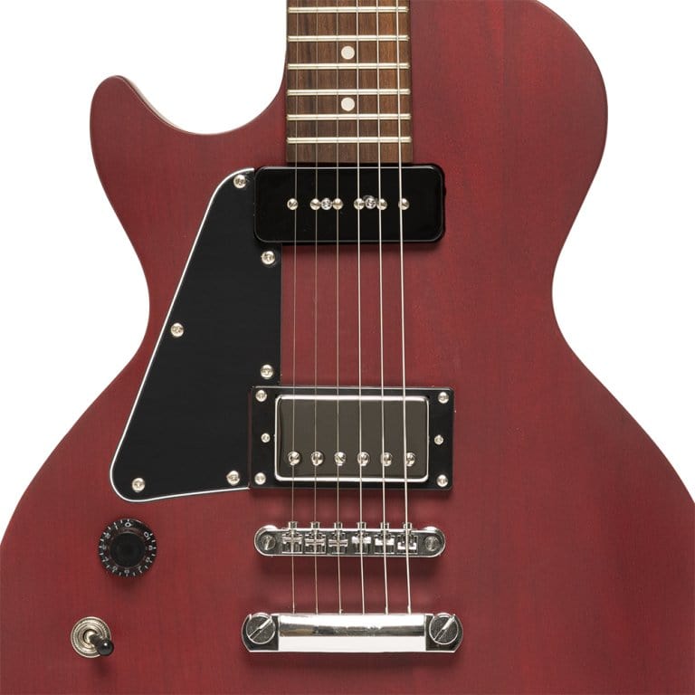 Close-up of the Stagg SEL-HB90 Cherry Left-Handed L Style Electric Guitar, showing its strings and body details.