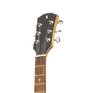 Stagg SEL-HB90 Cherry Left-Handed Electric Guitar close-up, showcasing the guitar neck and strings for precise playability and rich tonal versatility.