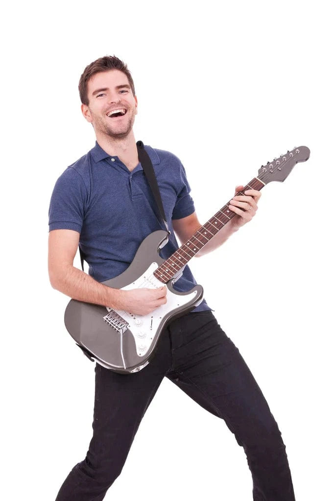 Man looking happy playing guitar. Man looking happy playing guitar.