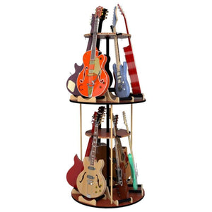 The Carousel™ Deluxe Rotating Guitar Stand by A&S Crafted Products is a two-tiered stand that holds multiple electric and acoustic guitars of various colors and styles.