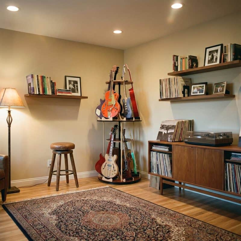 A cozy music room includes the A&S Crafted Products The Carousel™ Deluxe Rotating Guitar Stand | Expansion Tier for efficient guitar storage, shelves with books and records, a turntable with vinyl storage, a stool, floor lamp, and a patterned rug.