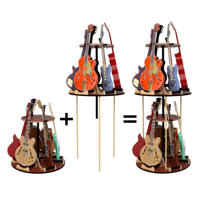 Two A&S Crafted Products Carousel™ Deluxe Rotating Guitar Stands are shown side by side with a plus sign, combined into a larger vertical rack using the Expansion Tier, as indicated by an equals sign. Two A&S Crafted Products Carousel™ Deluxe Rotating Guitar Stands are shown side by side with a plus sign, combined into a larger vertical rack using the Expansion Tier, as indicated by an equals sign.