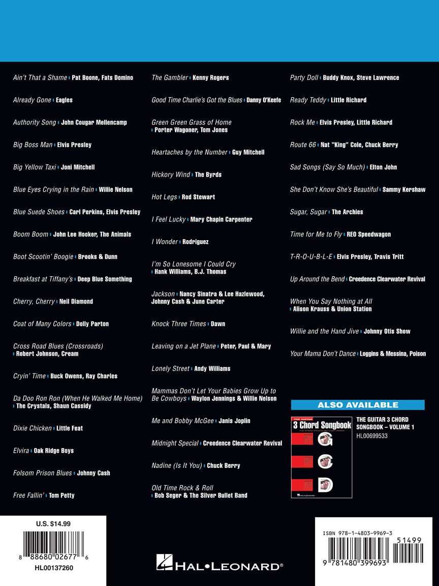 The Guitar 3-Chord Songbook - Volume 2 G-C-D, featuring a black cover with white text, includes 50 popular songs and a barcode on the back.