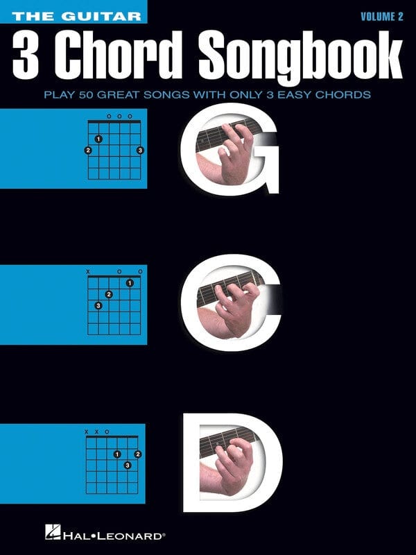 Cover of The Guitar 3-Chord Songbook - Volume 2 G-C-D featuring an image of hands playing a guitar.