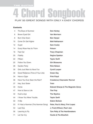 The Guitar 4-Chord Songbook G-C-D-Em Melody/Lyrics/Chords Softcover featuring a list of popular songs and instructional text.
