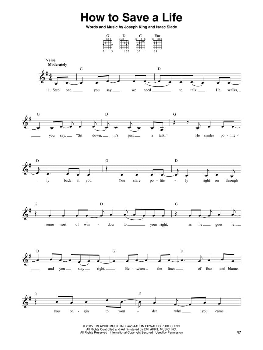 The Guitar 4-Chord Songbook G-C-D-Em Softcover, featuring sheet music with text and notes for fifty popular songs with only four chords.