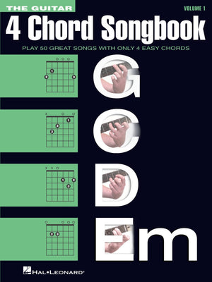 The Guitar 4-Chord Songbook G-C-D-Em Melody/Lyrics/Chords Softcover, featuring a cover with guitar chords and hands playing a guitar.