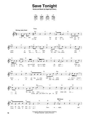 The Guitar 4-Chord Songbook G-C-D-Em Melody/Lyrics/Chords Softcover displayed open with sheet music and close-up of music notes.