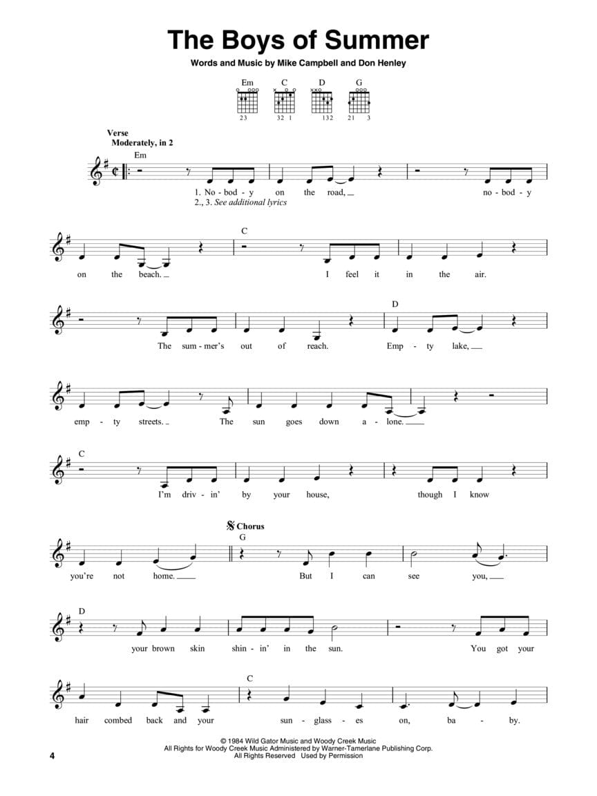Sheet music from The Guitar 4-Chord Songbook G-C-D-Em with text and musical notes, featuring fifty popular songs for guitar.