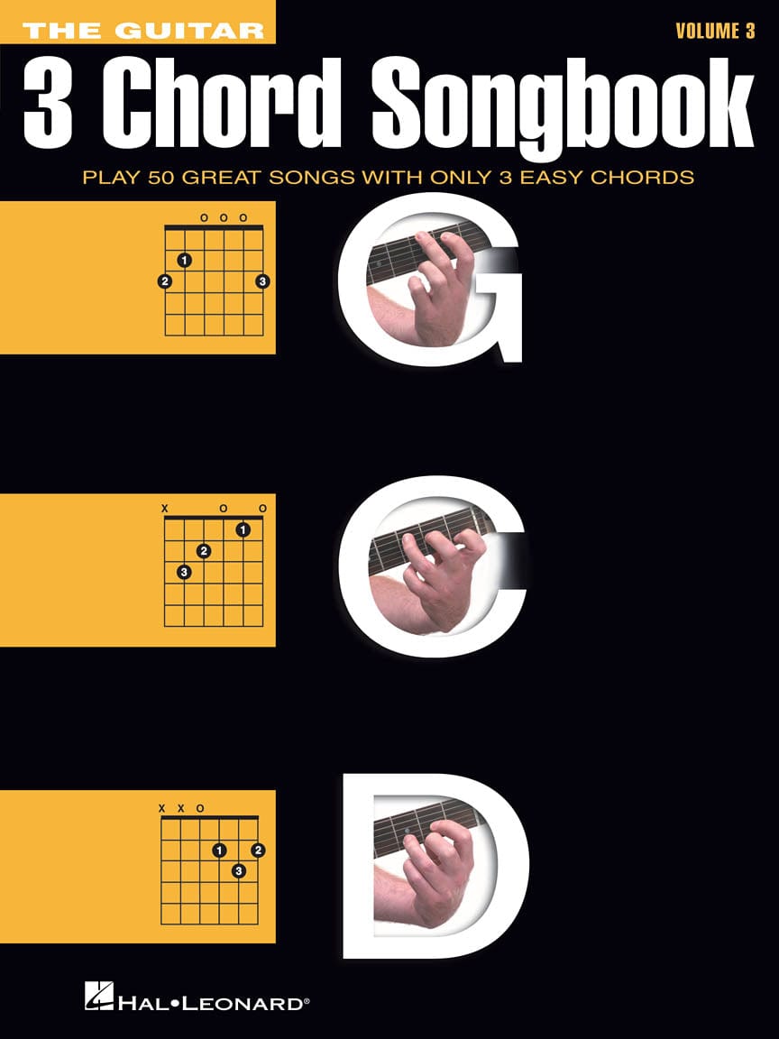 The Guitar Three-Chord Songbook – Volume 3 G-C-D cover featuring guitar chords, with a hand playing a guitar in the background.