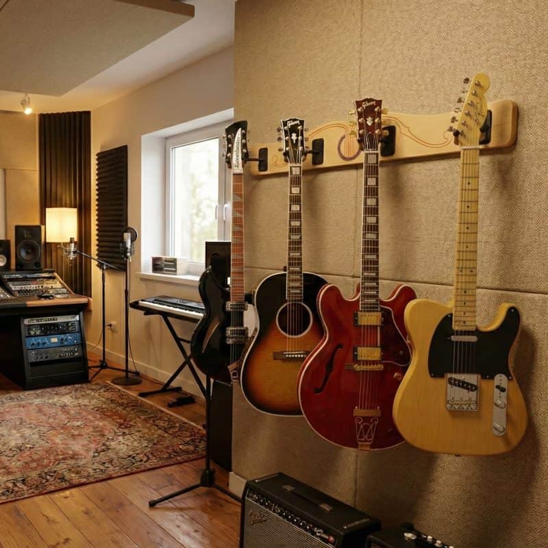 Three electric guitars hang on the A&S Crafted Products Pro-File™ Wall-Mounted Guitar Hanger in a recording studio equipped with audio gear, keyboard, microphones, and a patterned rug.