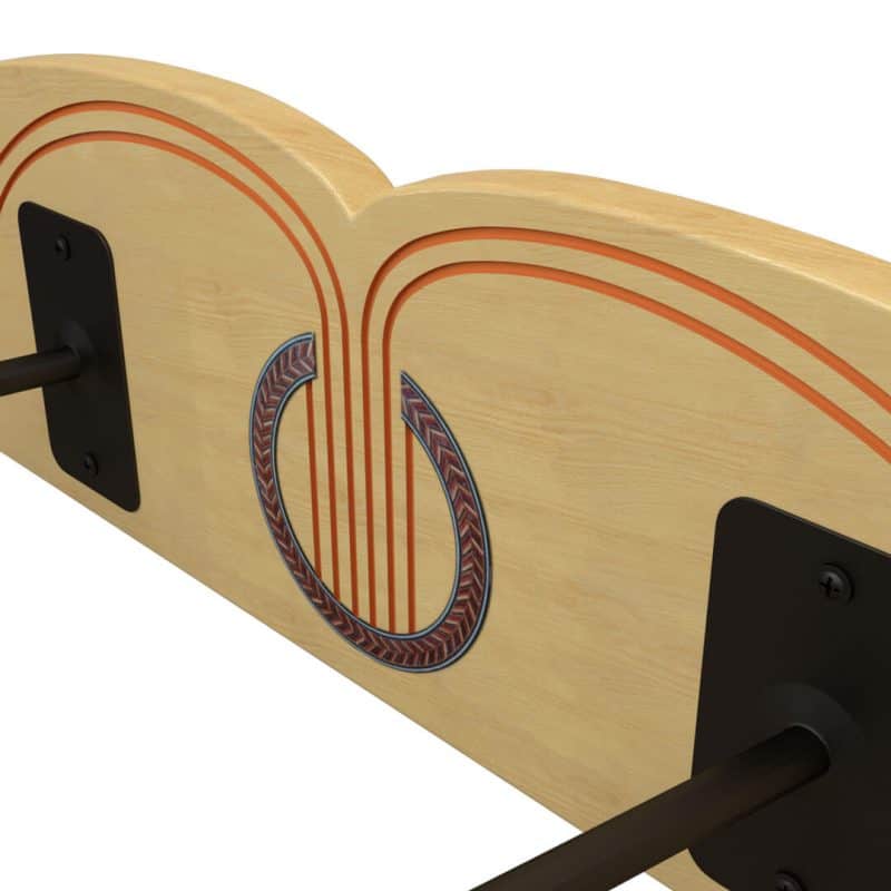 Close-up of The Pro-File™ Wall-Mounted Guitar Hanger by A&S Crafted Products, featuring wooden panels with red curved patterns and black metal brackets for artistic, stylish guitar storage.