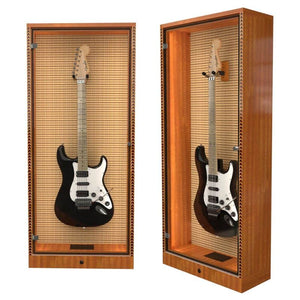 Two A&S Crafted Products ShowCase™ Deluxe Guitar Display Cabinets each present a black and white electric guitar vertically against a patterned background, with clear glass fronts for an elegant display.