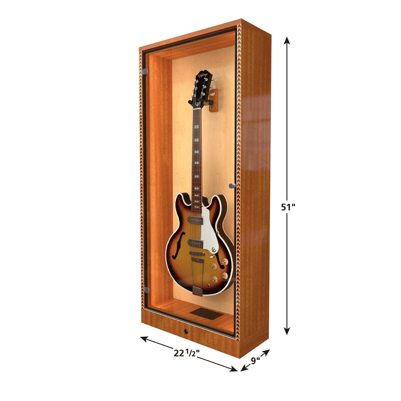 A sunburst electric guitar displayed upright in the A&S Crafted Products ShowCase™ Deluxe Guitar Display Cabinet, measuring 51" tall, 22.5" wide, and 9.75" deep.