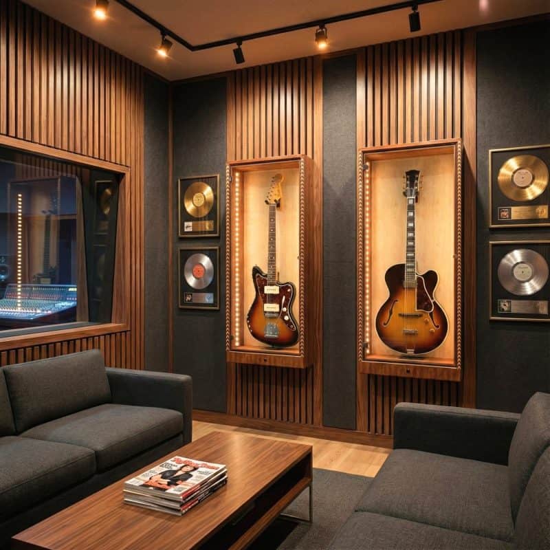 A modern music studio lounge with two guitars in The ShowCase™ Deluxe Guitar Display Cabinet by A&S Crafted Products, framed gold records on wood-paneled walls, gray sofas, and a magazine-topped coffee table.