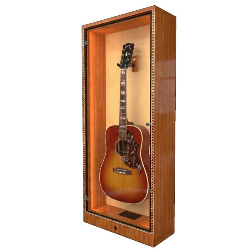 An acoustic guitar with decorative inlays is showcased vertically in the A&S Crafted Products ShowCase™ Deluxe Guitar Display Cabinet, featuring glass and wood construction plus humidity control for optimal preservation. An acoustic guitar with decorative inlays is showcased vertically in the A&S Crafted Products ShowCase™ Deluxe Guitar Display Cabinet, featuring glass and wood construction plus humidity control for optimal preservation.