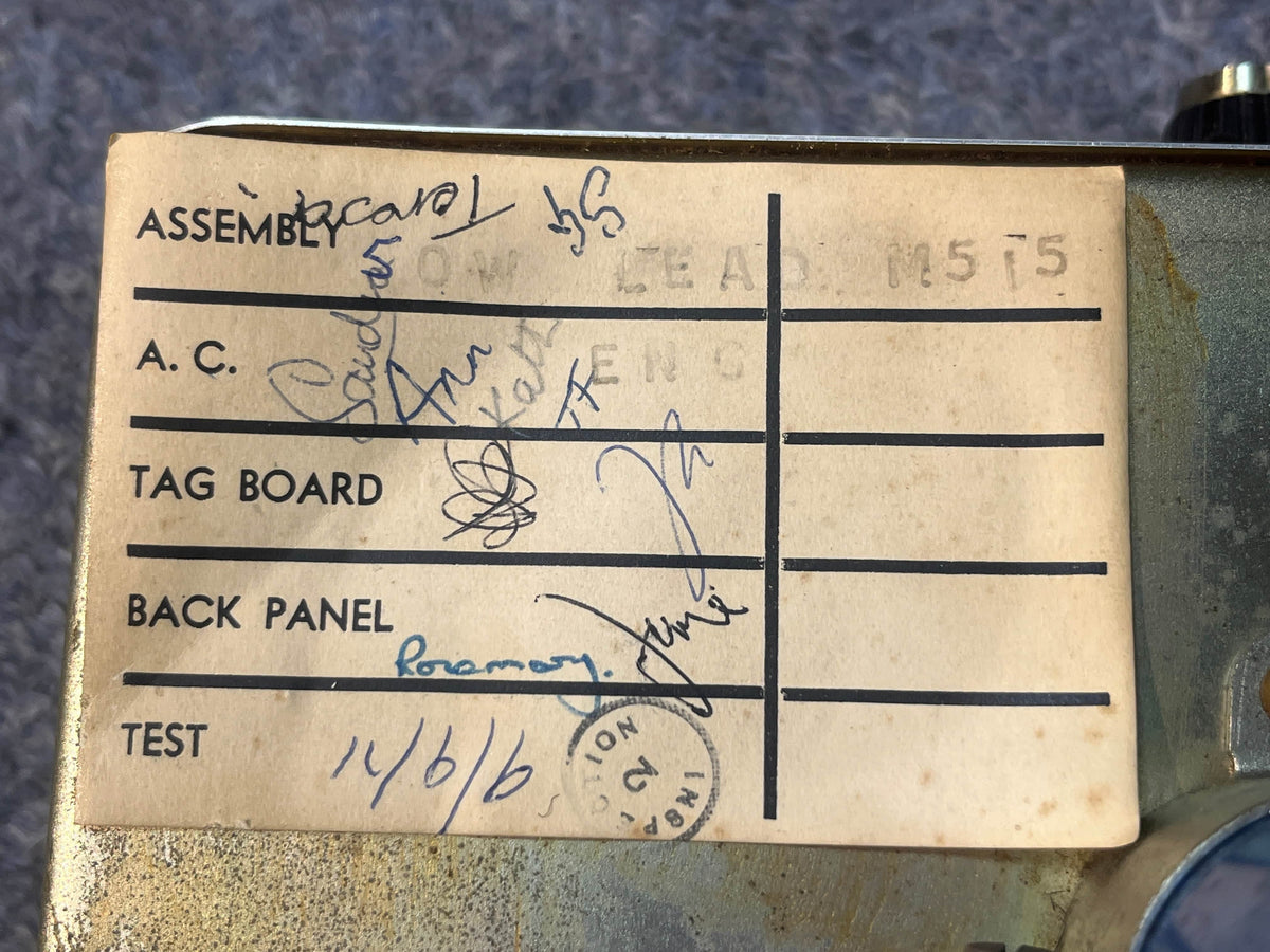 Close-up of a worn label with handwritten notes and "14/6/66" test date, evoking classic British Grind. Reminiscent of the legendary tone of the Marshall 1971 50W Lead Head, JMP Era, includes flight case.