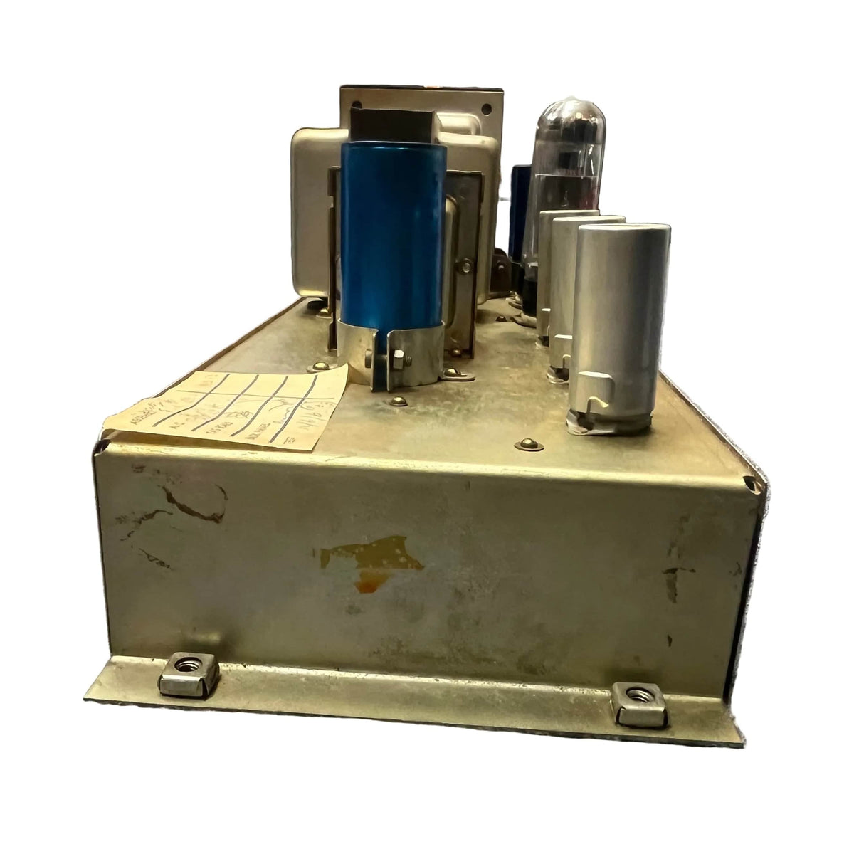 The 1971 Marshall Lead Head JMP 1987 50 Watt by Marshall features blue and silver cylindrical parts, a glass vacuum tube, and a worn label—capturing the vintage amp look—photographed on a white background. Includes flight case.
