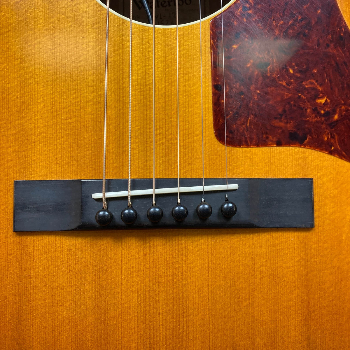 Close-up of the Waterloo WL-12 Parlor Acoustic w/Case Used Consign guitar bridge, featuring six strings with black bridge pins, a white saddle, and a tortoiseshell pickguard. Brand: Waterloo.