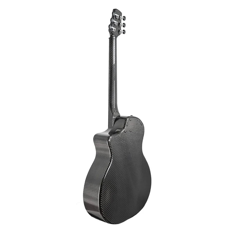 A rear view of the Klos Full Carbon Grand Cutaway Mini DAE w/Fishman Presys VT guitar, featuring a glossy, textured carbon fiber finish on the back, sides, and neck.
