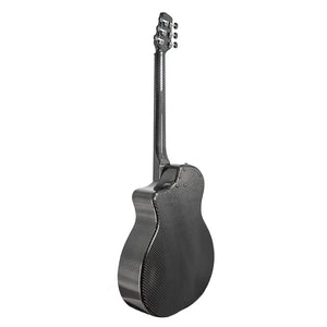 A rear view of the Klos Full Carbon Grand Cutaway Mini DAE w/Fishman Presys VT guitar, featuring a glossy, textured carbon fiber finish on the back, sides, and neck.